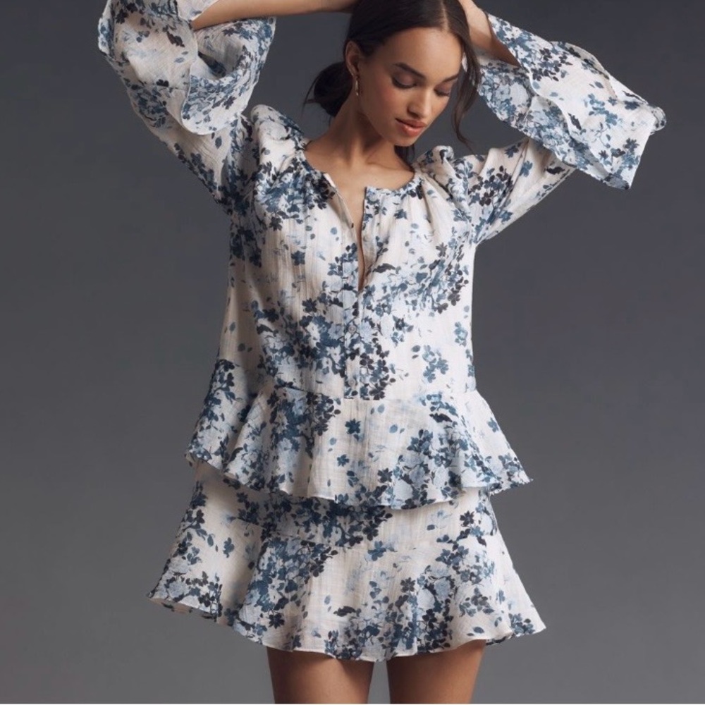 Anthropologie Maeve Long-Sleeve V-Neck Mini Swing Dress Small Relaxed Fit